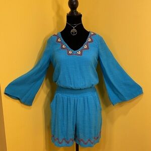 Gianni Bini Blue Boho Embroidered Romper Size Small